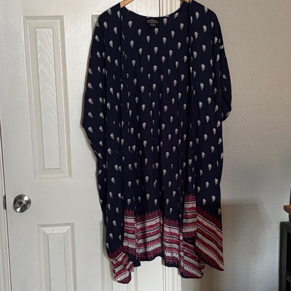 Angie Navy and Red Patterned Longlined open cardigan kimono Boho western Medium